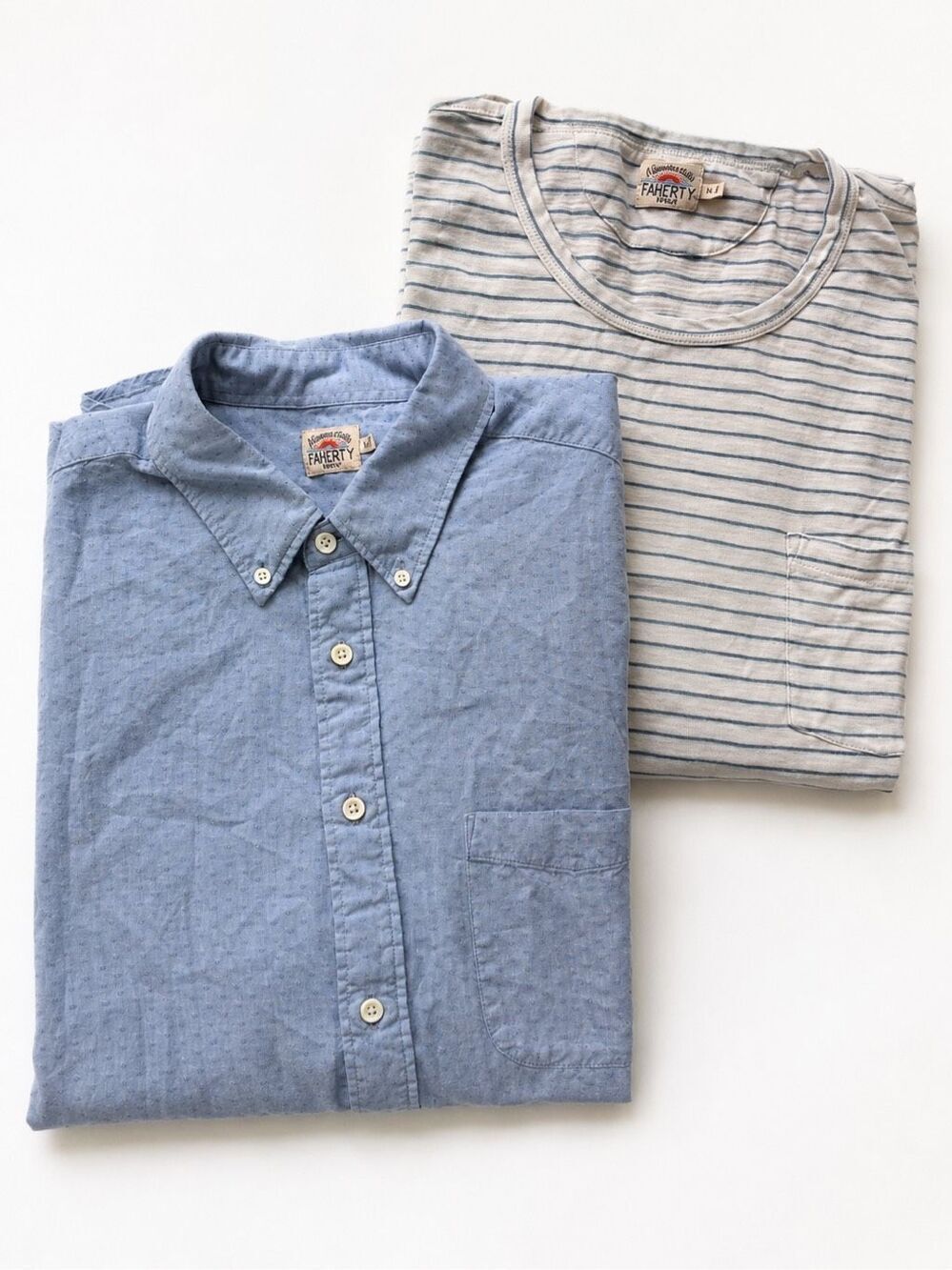 Faherty Men’s XL Coastal Essentials Shirt Bundle – Blue Dobby Button Down & Stri